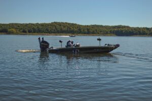 Fishing boat on Truman Lake Missouri during spring crappie fishing season near Benton County